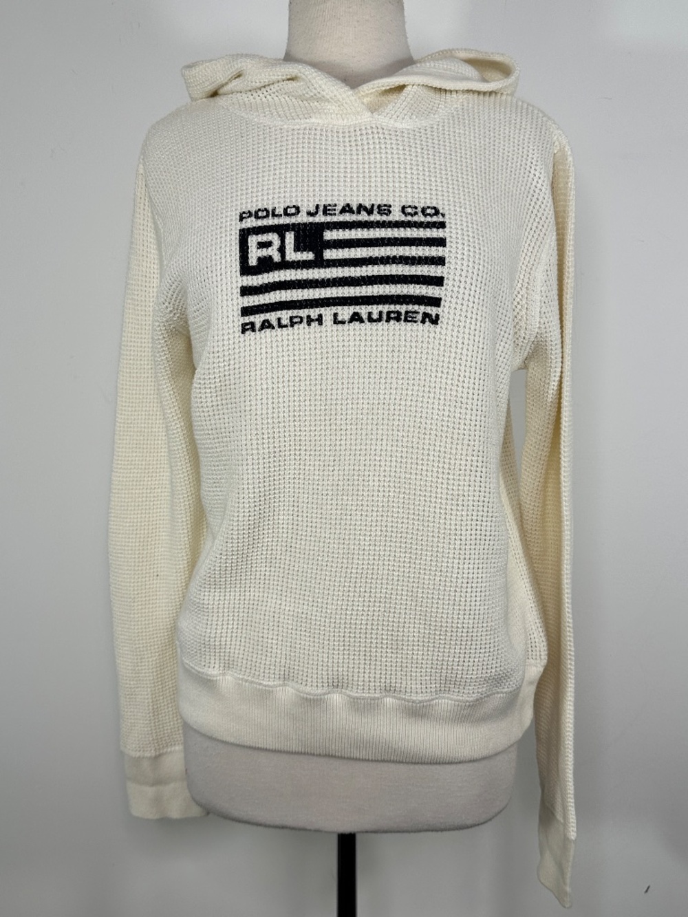 New Polo Ralph Lauren Women’s XL Cream Cotton American Flag Knit Hooded Sweater